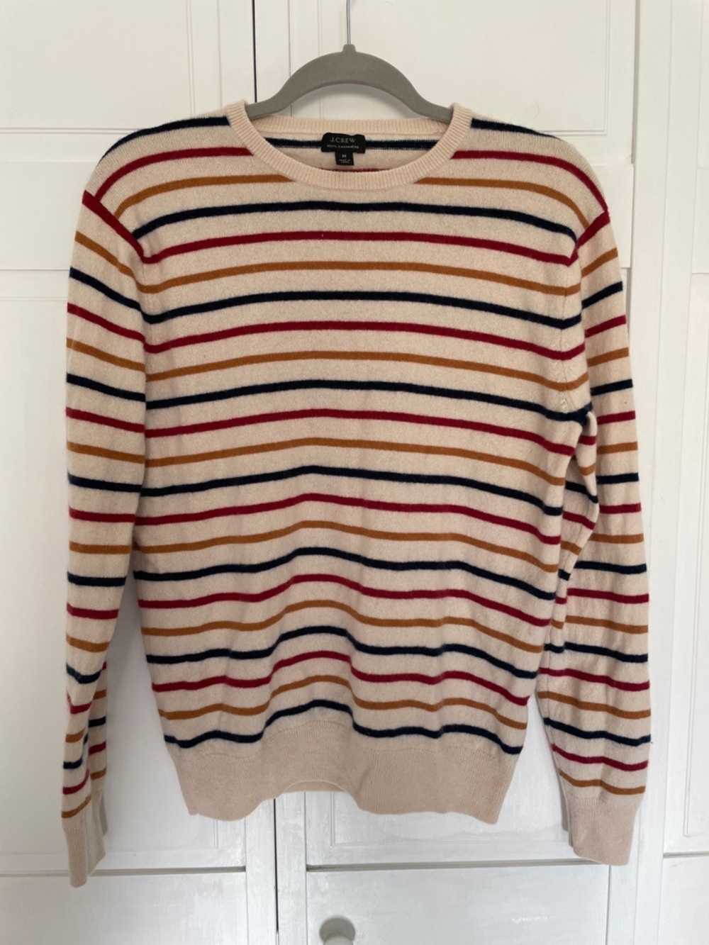 J. Crew 100% Cashmere Cream Crewneck Sweater with Navy, Red, and Camel Stripes